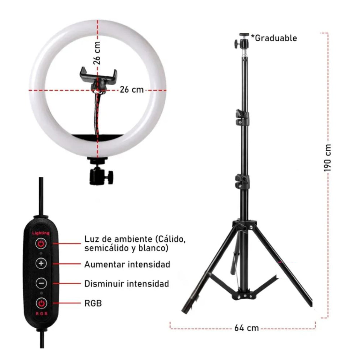 Aro de Luz RGB 26 cm mas Trípode